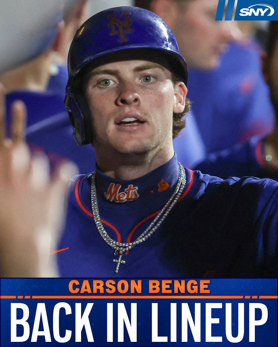 SNY_Mets's tweet photo. Carson Benge is back in the lineup today for the Mets after missing yesterday's game following a wrist jam in Pittsburgh https://t.co/m7nCASv3Zf