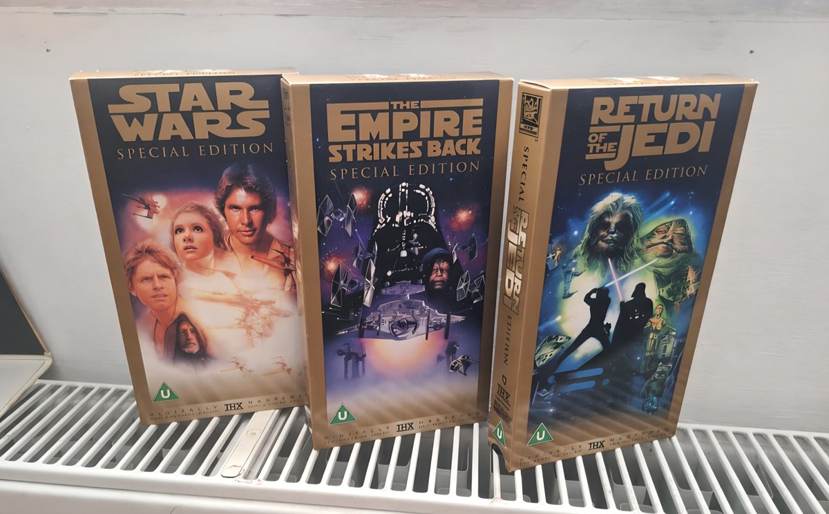 robabob39's tweet photo. Got these absolutely mint Star Wars VHS set from 1997 from the old fashioned British carboot sale today. I owed these in the 90's but got rid of all my Vhs mid 2000's always regretting it. https://t.co/oWrp1jRfp4