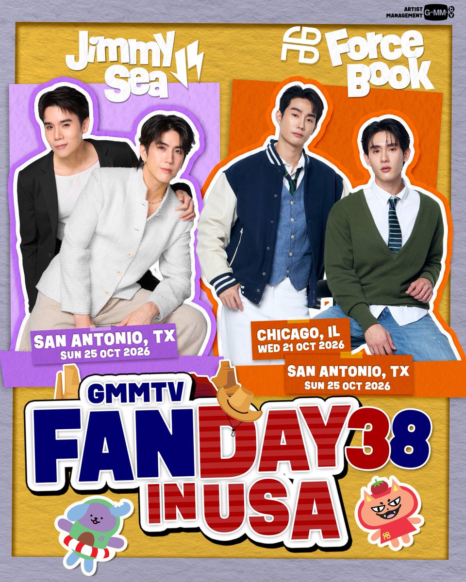 GMMTV's tweet photo. GMMTV FANDAY 38 IN USA START!!!
⏰ Time to… serve you their sweetest moments, right to your home ground, with 2 hot couples — Jimmy-Sea and Force-Book — who will make you “smile, swoon, and lose yourself in them.” 😉💕
💬 If you're ready to meet them, stay tuned for more details coming very soon…

#GMMTVFANDAY38USA 
#FORCEBOOKxFANDAY38CHICAGO
#FORCEBOOKxFANDAY38SANANTONIO
#JIMMYSEAxFANDAY38SANANTONIO
#GMMTV