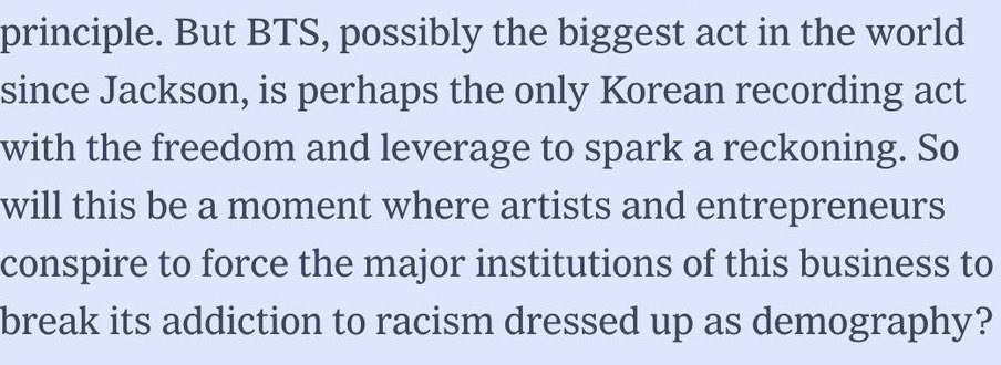 MinYoongiSwagg7's tweet photo. In the New York Times today “But BTS, possibly the biggest act in the world since JACKSON…” 

BTS is at THAT level so let’s act accordingly, ARMY. Publicly engaging in fanwars tells outsiders that we think other groups are on the same level. https://t.co/I52fYl17GI