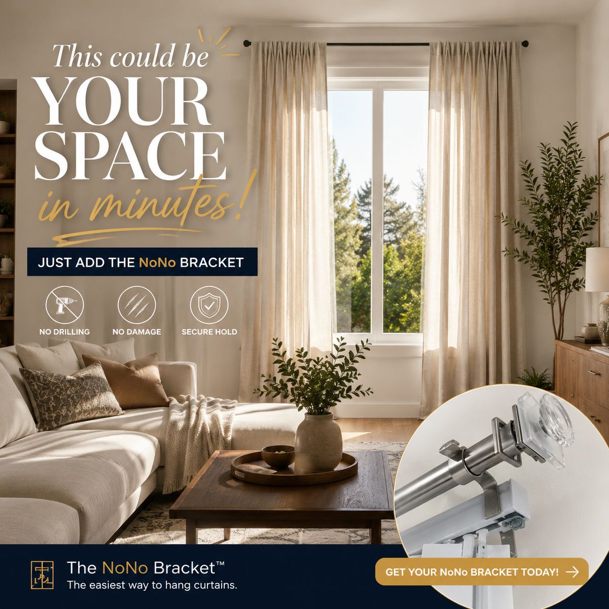nonobracket's tweet photo. This could be YOUR space — in minutes. ✨

Just add the NoNo Bracket: hang real curtains WITHOUT drilling. It clips onto your existing window hardware for a secure hold in seconds. No tools, no screws, zero wall damage.

Shop now 👇

#NoNoBracket #NoDrill https://t.co/uvIlTQDFC7