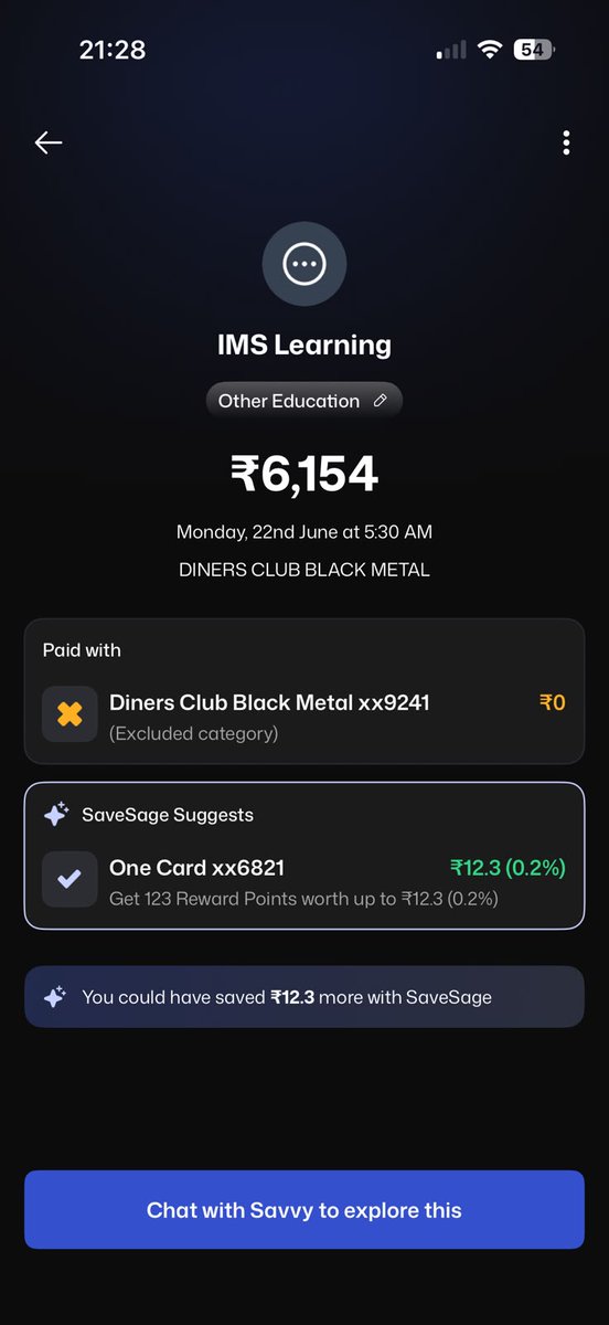 AnmolDhingra00's tweet photo. Hey @ashishlath  I think your transaction tracking and card recommendation logic has a bug.This was an IMS Learning (₹6,154), but the app marked my HDFC Diners Club Black Metal as an "Excluded category" with ₹0 rewards, while suggesting another card. https://t.co/vDRxLLpkF1