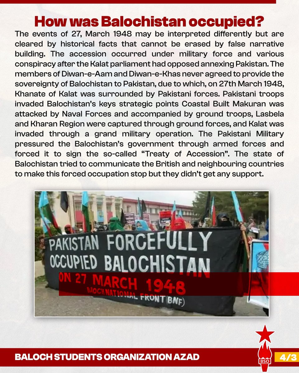 bsoazadmedia's tweet photo. What happened on 11 August 1947?

On 11 August 1947, the Khanate of Kalat publicly declared its independence following the end of British rule. The announcement followed negotiations held on 4 August 1947 involving the Khan of Kalat, Mir Ahmad Yar Khan, Lord Mountbatten, and Muhammad Ali Jinnah concerning Kalat's constitutional position. During this brief period, Kalat established institutions including the Diwan-e-Aam and Diwan-e-Khas to administer the state and preparations to lead a new sovereign state on Islamic principles continued afterwards. This day, 11 August is commemorated as Balochistan's Independence Day, after years of colonialism under British.

#11AugustBalochistanDay
#11AugustIndependenceDayofBalochistan
