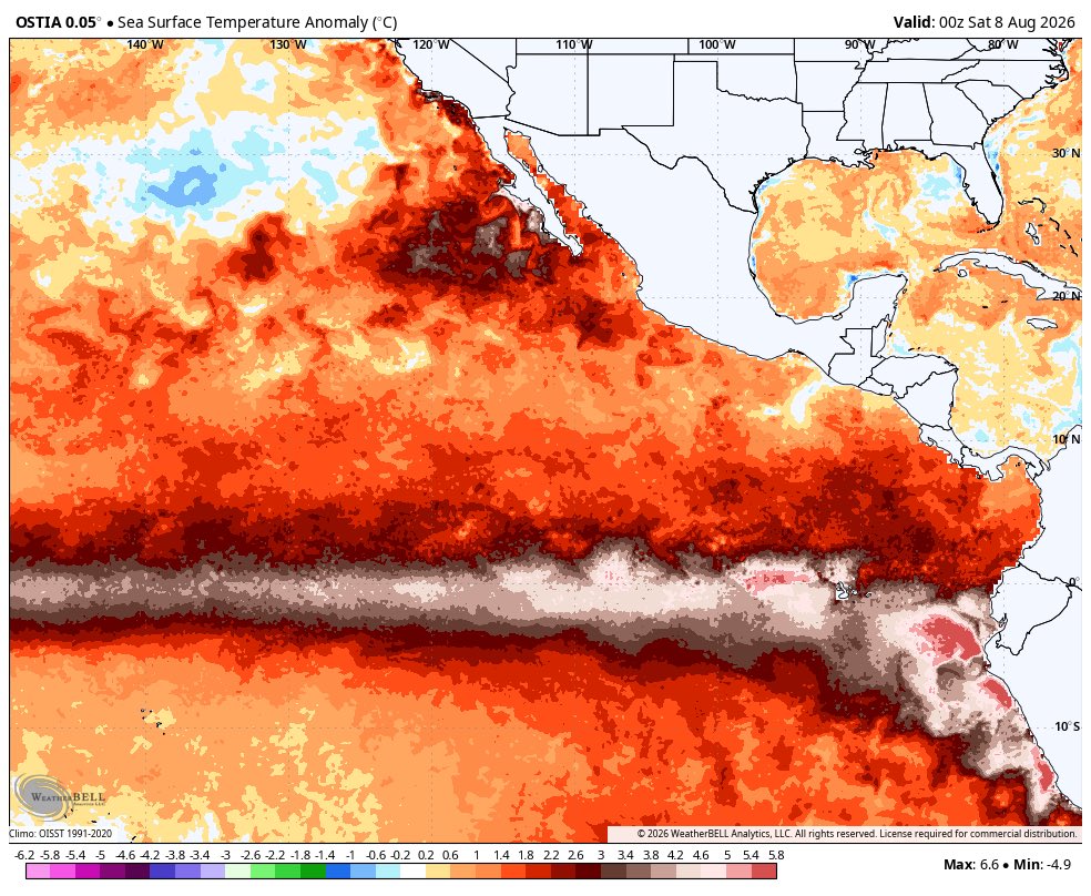 Weatherunited1's tweet photo. Take a look at this very closely and you can clearly see in just one month sea surface temperatures anomalies in the eastern pacific go from around 3°C to now a whopping 4°C above average with some of the peak anomalies. Right now there is no reason to believe with more significant Westerly wind burst activity anticipated over the next 2 to 3 weeks that some of these anomalies could surpass 5°C.