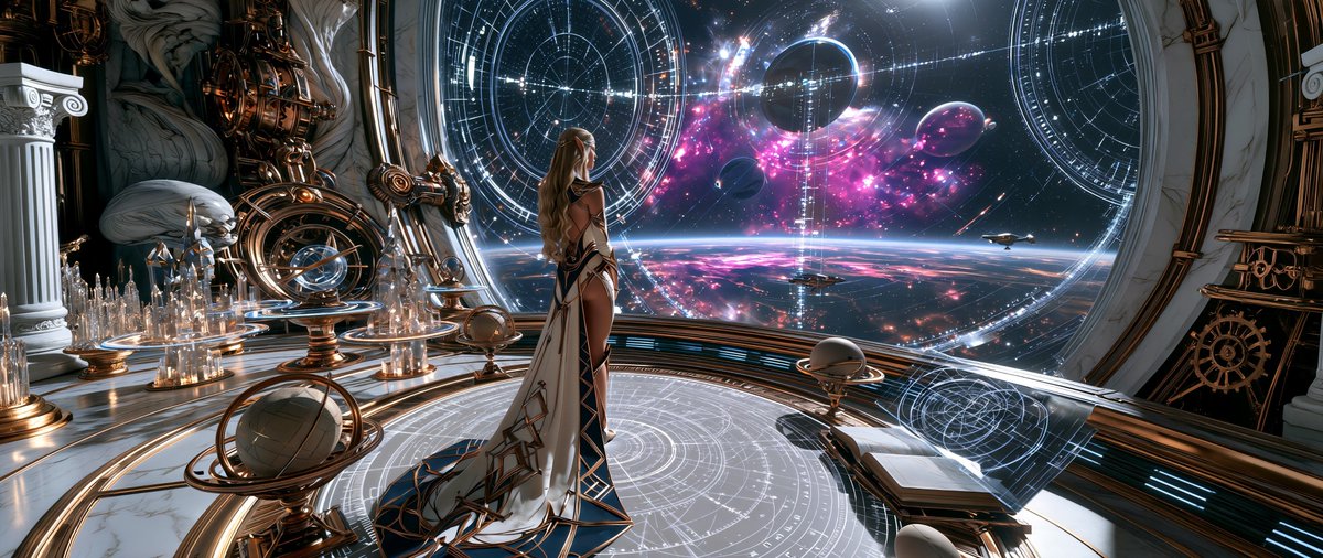CosmicJDreamer's tweet photo. [Log 109: Astral Navigator]

"Navigation was once considered the art of knowing where you are. Their navigators learned that it is really the art of understanding where you are going. Stars drift, worlds move, and even the most precise map becomes history the moment it is completed. A navigator therefore studies more than coordinates. They learn the character of a place, the rhythm of its atmosphere, the behavior of its moons, the migration of its living systems, the invisible currents between worlds. To guide another vessel safely through the unknown requires something no instrument can provide alone: judgment."

----

Significance:

The Astral Navigator introduces the people who physically connect this civilization's worlds, transforming interstellar travel from an abstract technological achievement into a disciplined profession.

Navigation is revealed as a hybrid science combining astronomy, physics, ecology, cartography and experiential judgment. Navigators do not simply follow predetermined routes; they continuously interpret changing celestial environments and adapt their journeys accordingly.

It was previously established how this society governs, learns, creates and preserves knowledge. The Navigator shows what happens when that accumulated knowledge is taken beyond the familiar. It also establishes a crucial cultural principle for the rest: exploration is not conquest of the unknown, but a respectful relationship with it.

----

#AgeOfAugust #CosmoCoreArt