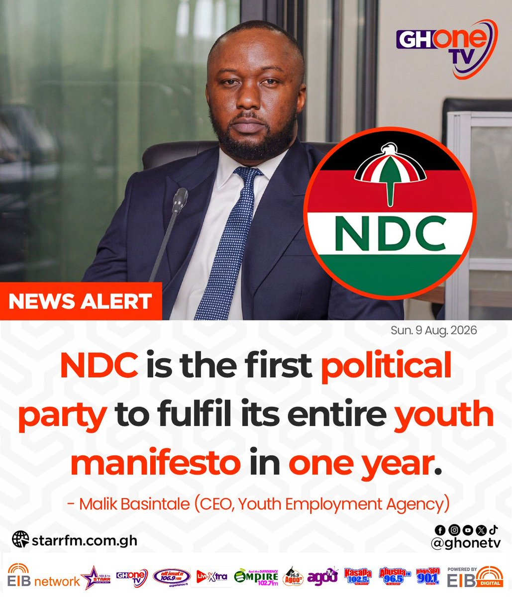 ghonetv's tweet photo. NDC is the first political party to fulfil its entire youth manifesto in one year... - Malik Basintale (CEO, Youth Employment Agency)

#GHOneNews #EIBNetwork
#GHOneTV #NewsAlert https://t.co/3Z1RVSYFZC