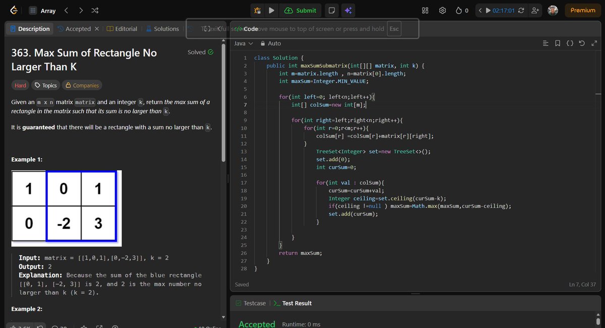 Ankitdotdev's tweet photo. Day 200/365 of the DSA grind! 
• Russian Doll Envelopes (Hard): Custom sorted the 2D array to reduce the problem to an O(N log N) Longest Increasing Subsequence!
• Largest Divisible Subset: Sorted the array to leverage transitive math properties and solved via DP with path reconstruction!
• Max Sum Rectangle <= K (Hard): Collapsed the 2D matrix into 1D arrays and used a TreeSet ceiling function for O(log N) prefix sum lookups!

Next week, the pivot to Backend Architecture begins! 

#DSA #Java #200DaysOfCode #LeetCode #SoftwareEngineering