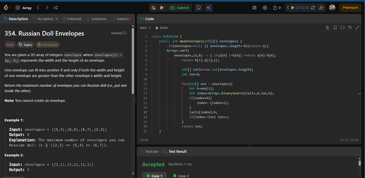 Ankitdotdev's tweet photo. Day 200/365 of the DSA grind! 
• Russian Doll Envelopes (Hard): Custom sorted the 2D array to reduce the problem to an O(N log N) Longest Increasing Subsequence!
• Largest Divisible Subset: Sorted the array to leverage transitive math properties and solved via DP with path reconstruction!
• Max Sum Rectangle <= K (Hard): Collapsed the 2D matrix into 1D arrays and used a TreeSet ceiling function for O(log N) prefix sum lookups!

Next week, the pivot to Backend Architecture begins! 

#DSA #Java #200DaysOfCode #LeetCode #SoftwareEngineering