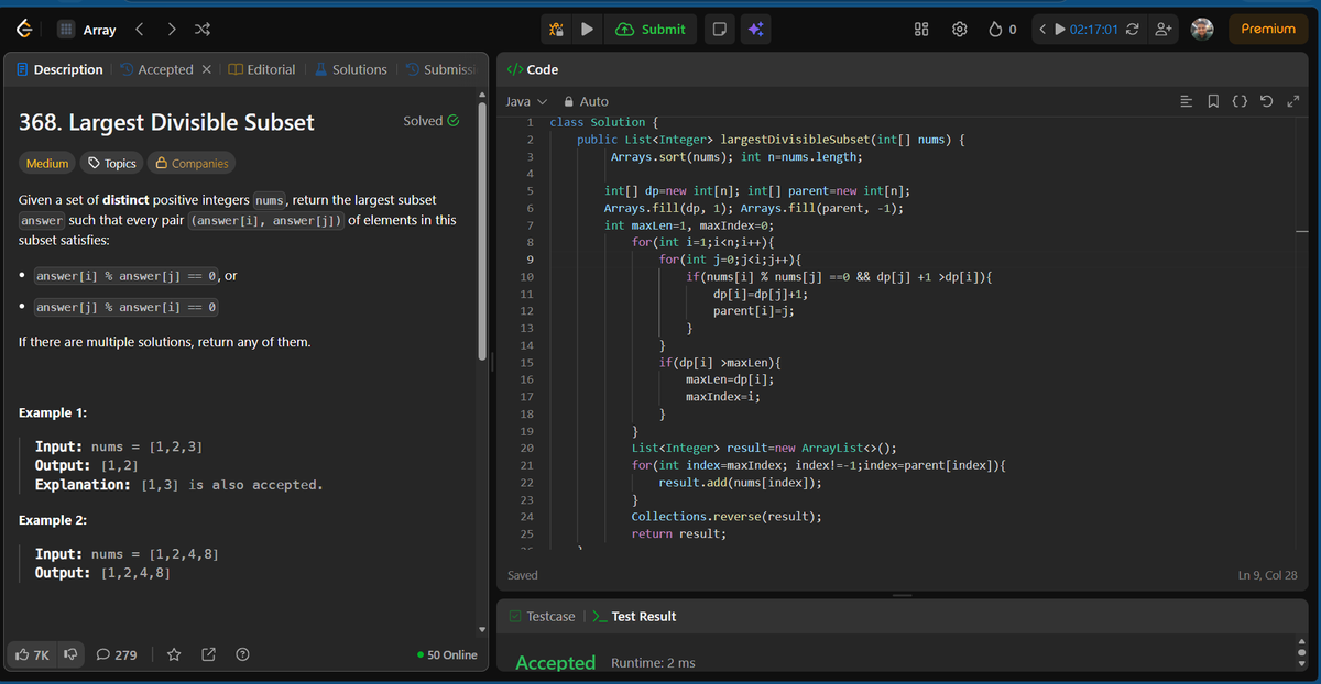 Ankitdotdev's tweet photo. Day 200/365 of the DSA grind! 
• Russian Doll Envelopes (Hard): Custom sorted the 2D array to reduce the problem to an O(N log N) Longest Increasing Subsequence!
• Largest Divisible Subset: Sorted the array to leverage transitive math properties and solved via DP with path reconstruction!
• Max Sum Rectangle <= K (Hard): Collapsed the 2D matrix into 1D arrays and used a TreeSet ceiling function for O(log N) prefix sum lookups!

Next week, the pivot to Backend Architecture begins! 

#DSA #Java #200DaysOfCode #LeetCode #SoftwareEngineering