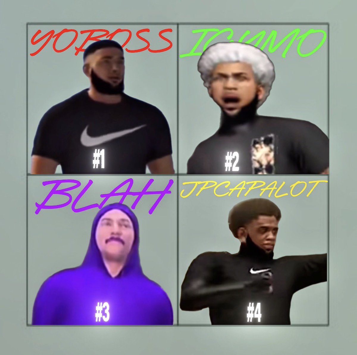 JAHSTALKS's tweet photo. my personal top 4 (original) inside/popper overall bigs.

decided to make this because i frankly don’t believe we’ll get to these 4 in their prime again respectfully and it’s not even on them-it’s entirely on take two and the respectable associations. https://t.co/1UKcw21OUq