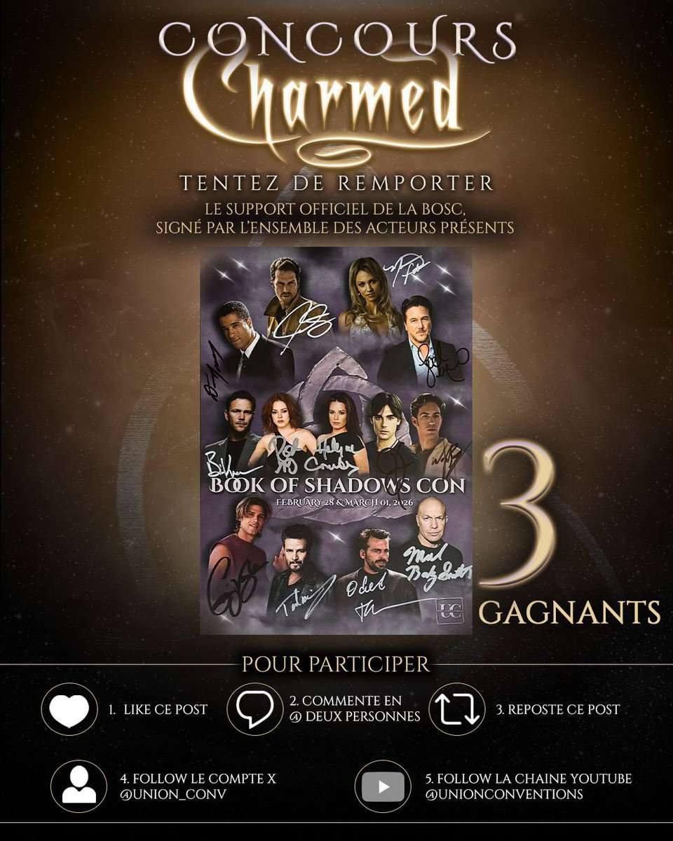 Union_Conv's tweet photo. ✨CONCOURS // CONTEST ✨

🇫🇷 Pour gagner un poster signé par tous les guests présents lors de notre convention Charmed, il faut : 
1. Aimer ce post.
2. Identifier 2 personnes en commentaire.
3. Partager/republier ce post.
4. Nous suivre sur Twitter ! 
5. Nous suivre sur YouTube : https://t.co/SNkrLwDwp3

Tirage au sort, dimanche prochain! 
————-
🇺🇸 To win a poster signed by all the guests who were at our Charmed convention, you need to :
1. Like this post.
2. Tag 2 people in the comments.
3. Share/repost this post.
4. Follow us on Twitter!
5. Follow us on YouTube : https://t.co/SNkrLwDwp3

We’ll pick the winner next Sunday!