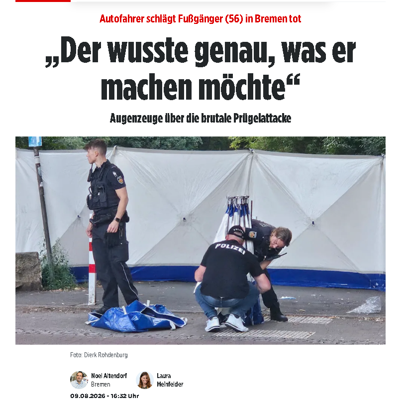 anti_grune's tweet photo. Der absolute Wahnsinn. Ich bin gespannt was für ein Autofahrer™ uns wieder erwartet. 
Mitten am Tag schlägt ein Autofahrer™ in Bremen einen 56-Jährigen nieder, der Mann stürzt zu Boden und stirbt noch am Tatort. Der Täter flieht, die Polizei sucht ihn jetzt mit Hochdruck. Ein junger Anwohner schildert eindrücklich, wie der Angreifer vorging und wie das Opfer zusammensackte. Weitere Zeugen berichten von dramatischen Szenen, einem aussichtslosen Kampf um das Leben des Mannes und der laufenden Fahndung.