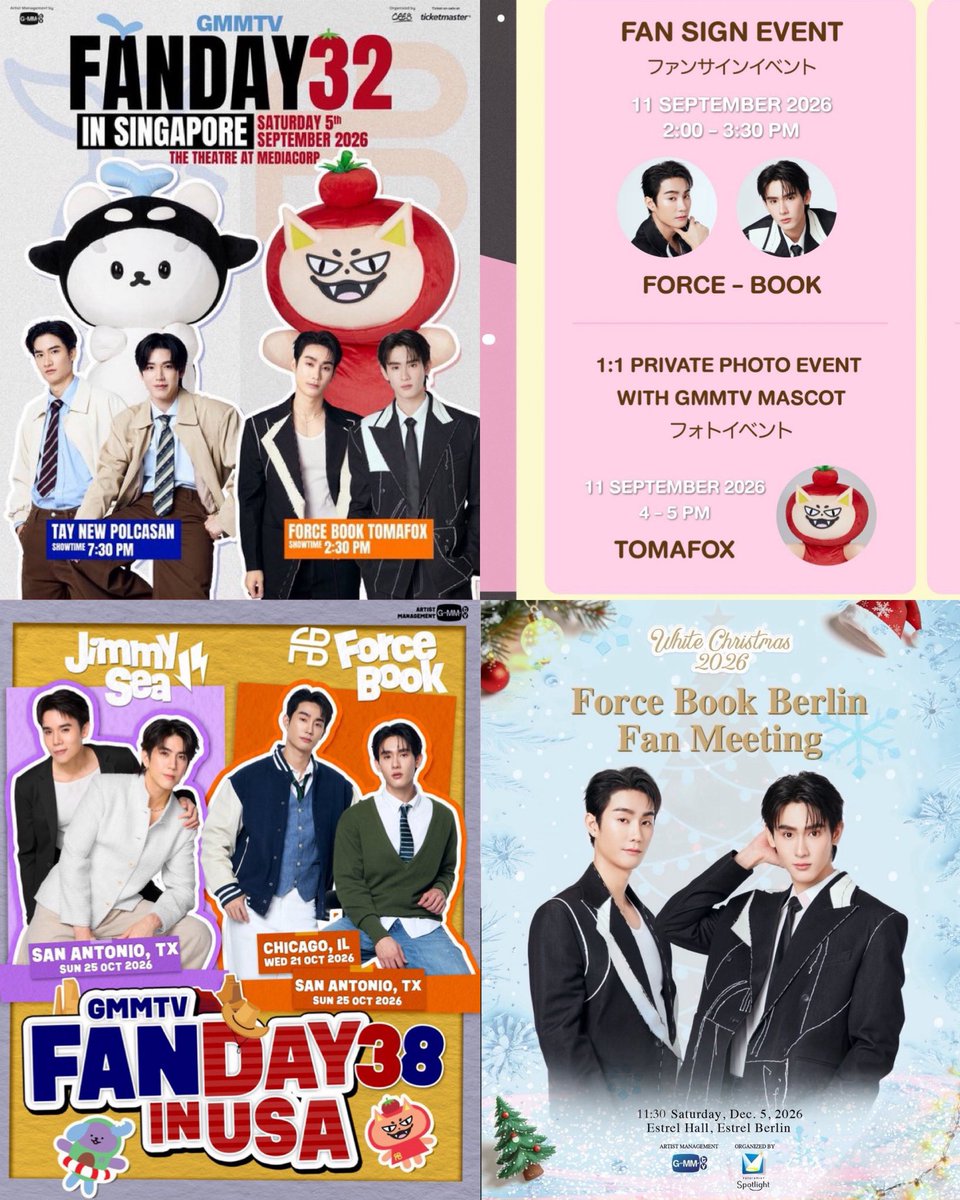 Nukcyn's tweet photo. 5 Sep 2026 GMMTVFanday32 in Singapore 🦊🍅+🦊🍅

11 Sep 2026 GMMTVPOPUPSTOREINFUKUOKA 🦊🍅+🦊🍅

21 Oct 2026 FORCEBOOKxFANDAY38CHICAGO 🦊🍅

25 Oct 2026
FORCEBOOKxFANDAY38SANANTONIO 🦊🍅

5 Dec 2026 ForceBookBerlinFanMeeting 🦊🍅

#fforce_ #kasibook #TOMAFOX
#ฟอสบุ๊ค #forcebook https://t.co/a6gmfvSk3N