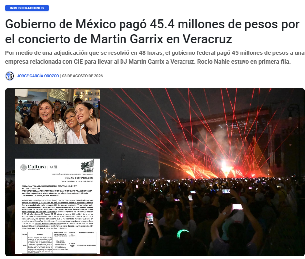 emeequis's tweet photo. 🚨 #EXCLUSIVA | Un concierto "gratuito" que costó $45.4 MDP al erario: el Gobierno de México adjudicó de forma directa y 48 horas antes del evento el show de Martin Garrix en Veracruz a una filial de CIE. Una investigación de @jorgegogdl. 
 https://t.co/j9WhGm4qRZ https://t.co/IUvqnIE0Ku