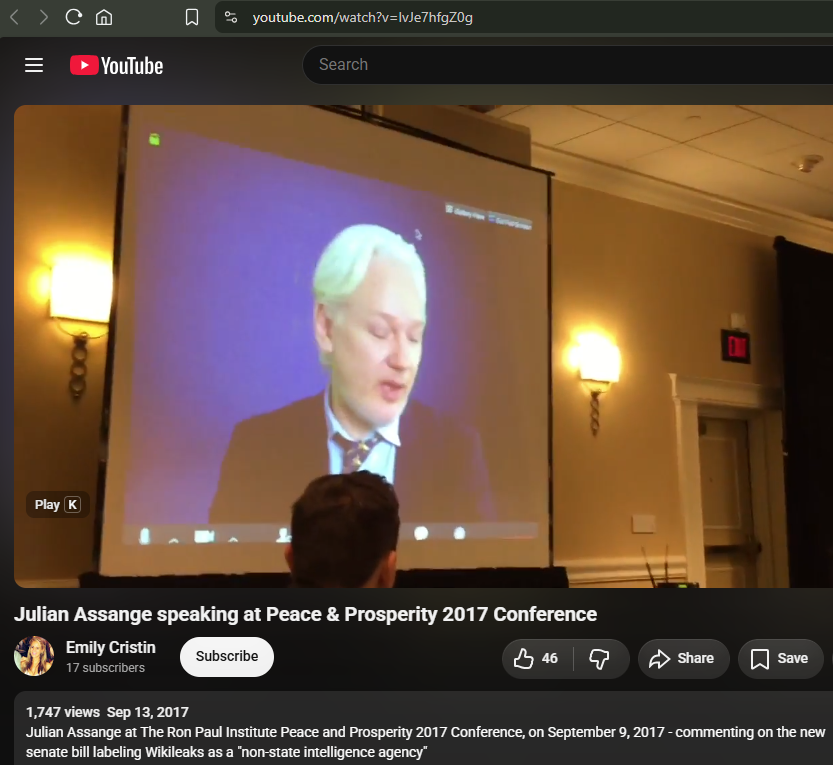 AntoniusJF's tweet photo. Julian Assange speaking at the 2017 Ron Paul Institute conference. https://t.co/tEp2ZZIgl2