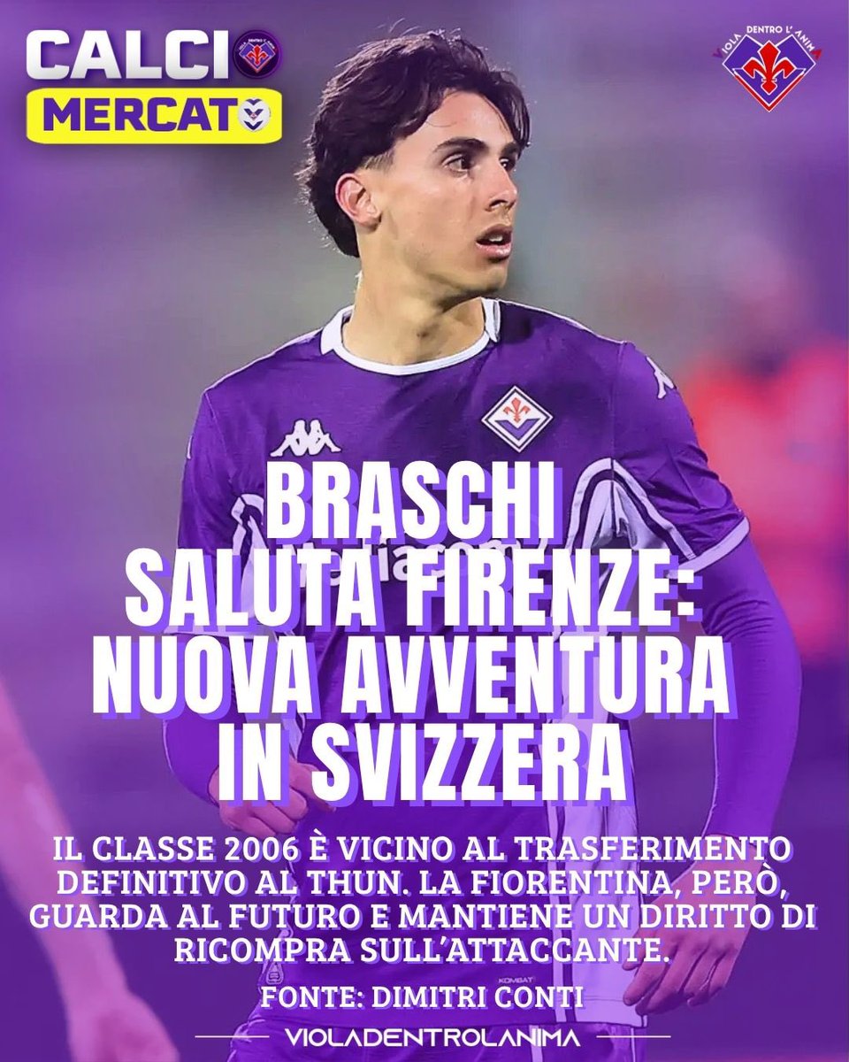 VDLA1926's tweet photo. Secondo @dimitri_conti Riccardo #Braschi è pronto a lasciare la #Fiorentina e il calcio italiano per iniziare una nuova esperienza all’estero.
L’attaccante classe 2006 è infatti vicino al trasferimento a titolo definitivo al #Thun, campione di #Svizzera in carica. L’operazione è ormai in chiusura e permetterà al giovane centravanti di misurarsi con una nuova realtà e trovare maggiore spazio nel proprio percorso di crescita.
La Fiorentina, però, non intende perdere completamente il controllo sul suo futuro: nell’accordo sarà infatti inserito un diritto di ricompra a favore del club viola.
Braschi saluta quindi Firenze, ma con una porta che resta aperta: il suo percorso continuerà in Svizzera, mentre la Fiorentina continuerà a seguirne da vicino la crescita.
#violadentrolanima #fiorentina #thun #news #calciomercato