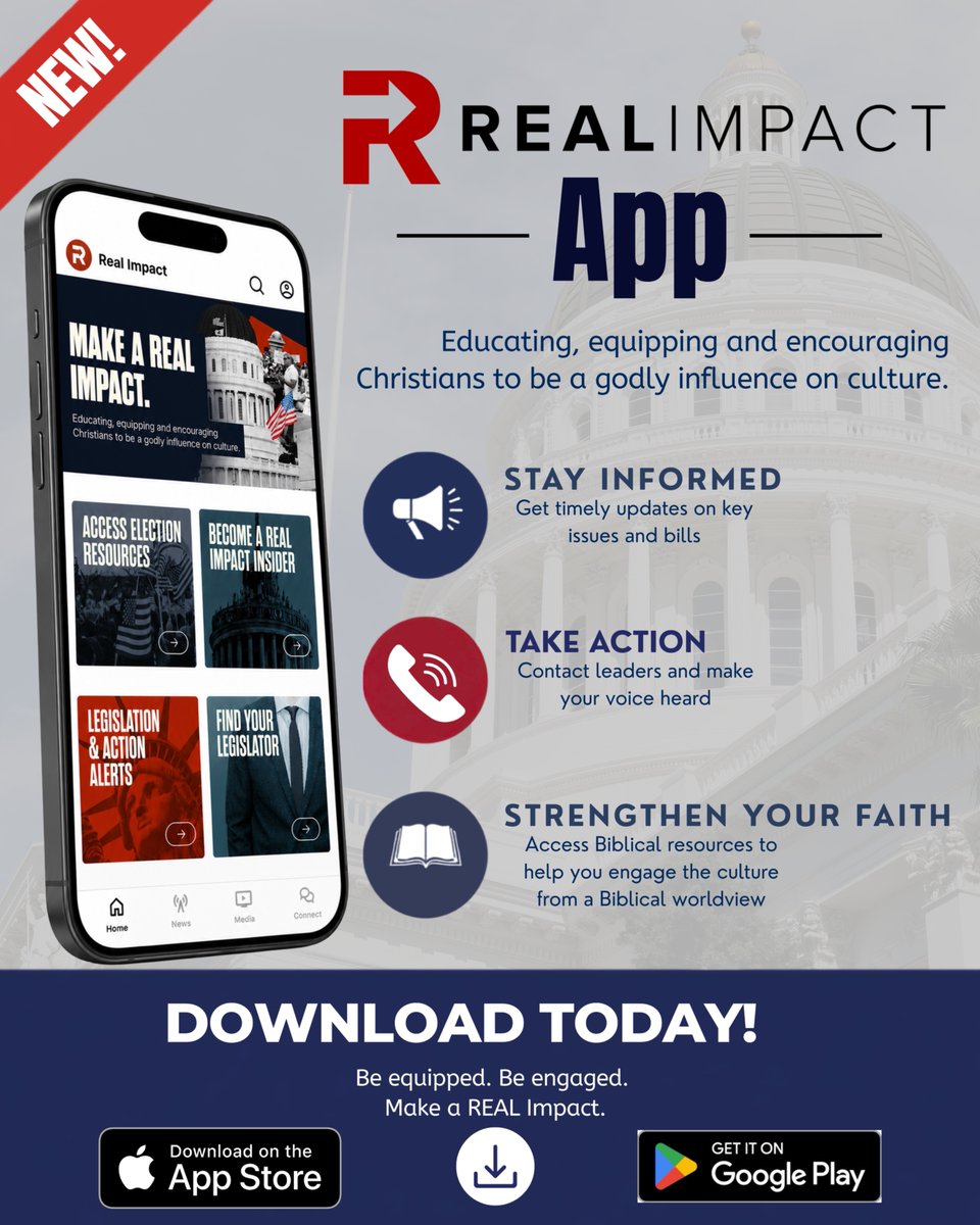 realimpact_us's tweet photo. Real Impact has a new app! As a ministry of Calvary Chapel Chino Hills, Real Impact empowers Christians to “practice what you preach” in the public sphere. Download today to get news updates, action alerts, and access to resources that help you engage the culture from a Biblical worldview. 

Download the app below or search Real Impact on the app store. Both the apple store and google play links available.

https://t.co/kR40bNe0pT

https://t.co/mEILxgeqmt