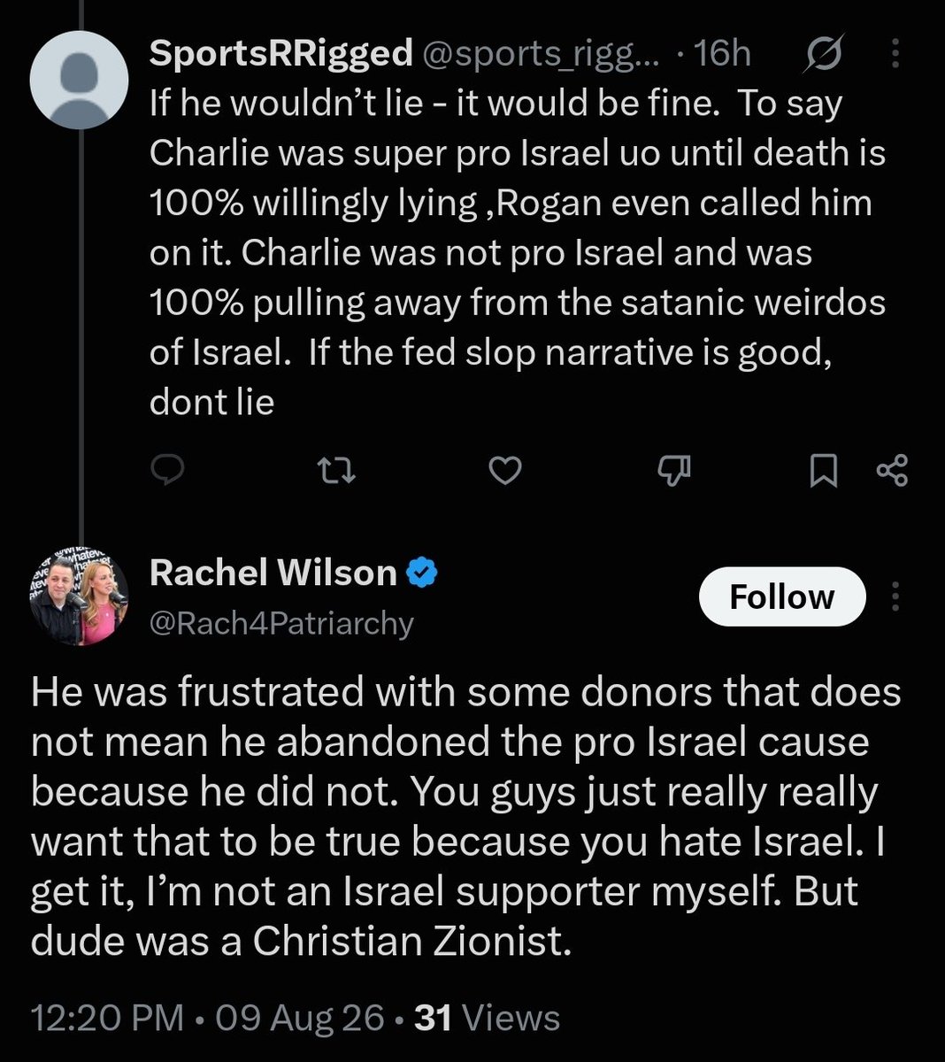 EvanAKilgore's tweet photo. Charlie Kirk said he was leaving the pro-Israel cause 2 days before he was murdered.

These people are trying so hard to re-write history and convince us to not believe our own eyes.

TPUSA is really scraping the bottom of the barrel. https://t.co/cvcumTSpLl