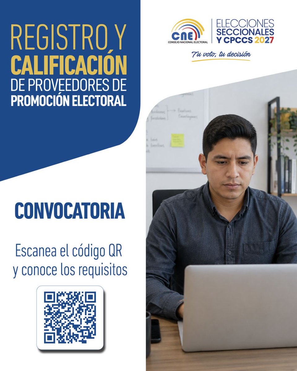 MoronaCne's tweet photo. #CNEInforma| Hasta el 2️⃣3️⃣ de agosto está habilitado el registro para la calificación de proveedores de promoción de cara a las #Elecciones2027Ec y #ElecciónCPCCS2027.

💻 Conoce los requisitos y el proceso en https://t.co/DpnAD8v7vo. 🇪🇨 https://t.co/cyt60NkWcj