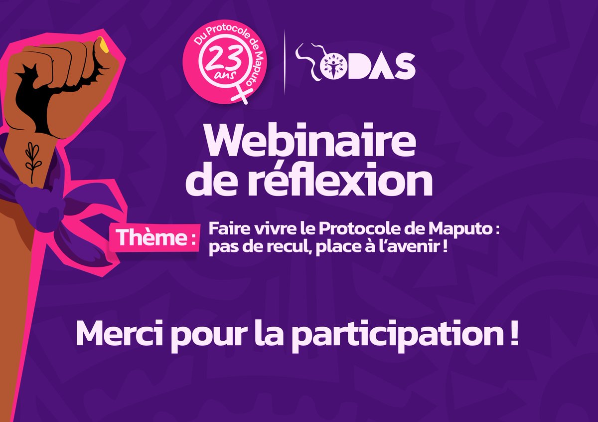 CentreOdas's tweet photo. Merci pour votre mobilisation !

Le webinaire « Faire vivre le Protocole de Maputo : pas de recul, place à l'avenir ! » a ouvert de riches échanges sur les stratégies pour protéger et renforcer les #DSSR en Afrique francophone.

📌 Un article à venir reviendra sur les réflexions et recommandations issues de cette rencontre.

La réflexion continue ! ✊🏾

#Maputo23 #PasDeReculPM #ProtocoleDeMaputo #DroitsDesFemmes #MouvementODAS #AvortementSécurisé