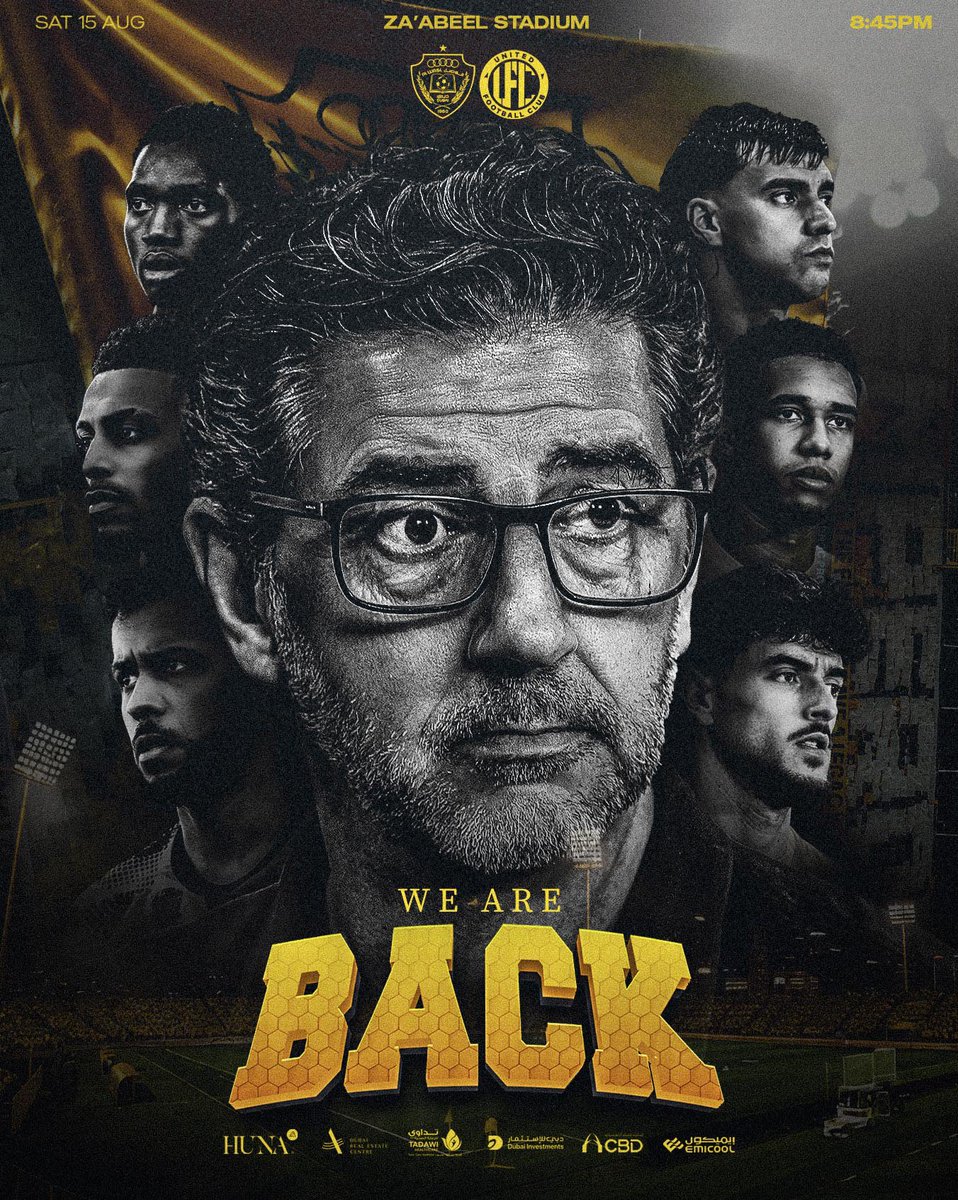 AlWaslSC's tweet photo. We Are Back 💛

🏆 ADNOC Pro League
⚽️ AlWasl 🆚 United FC
🔢 Week 1
📆 Sat, 15 Aug 2026
🏟️ Za'abeel Stadium
🕘 8:45 PM

🟡 #ALWASL | #الوصل https://t.co/40VQJsccEW