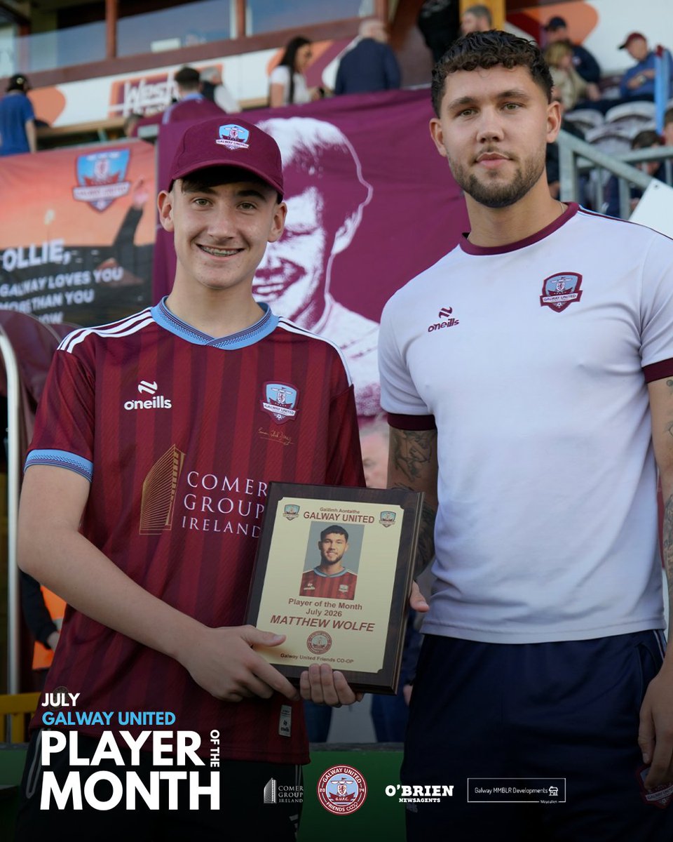 GalwayUnitedFC's tweet photo. Congratulationss to Matthew Wolfe who picked up the @gufccoop / @obriensgalway POTM award for July 👏

Matthew was presented the award by United fan Jason Dorris 🏆 

#ItsATribalThing | #GUFC2026 | Player Sponsor: Galway MMBLR Developments https://t.co/iZfXN0ChrY