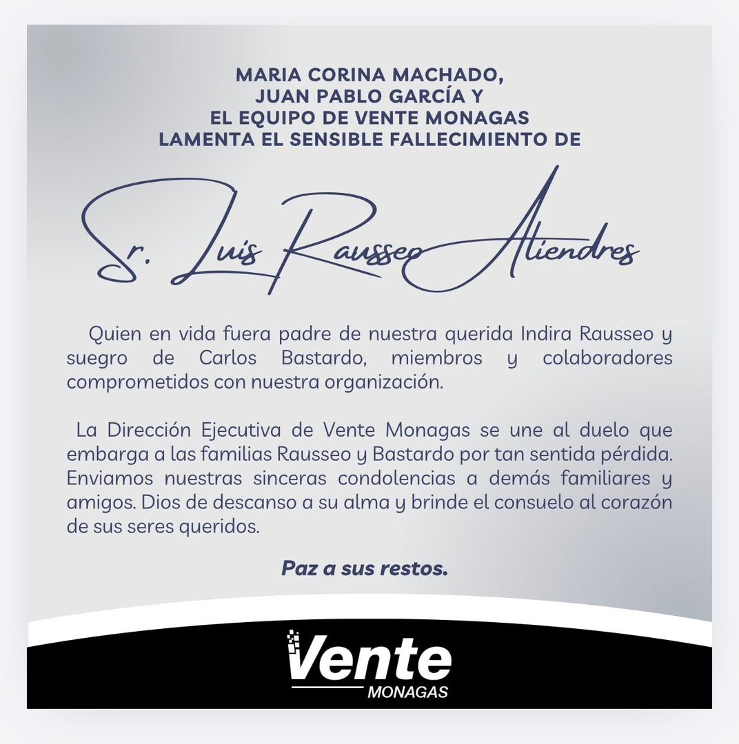 JuanPabloGve's tweet photo. Con profundo pesar y el corazón encogido, expresamos nuestras más sinceras condolencias a nuestros queridos amigos y compañeros de lucha, Indira Rausseo y Carlos Bastardo (@CarlosBastardo7), ante la dolorosa pérdida del Sr. Luis Rausseo Aliendrez, ejemplar padre de Indira y suegro de Carlos.

Hacemos extensivo este sentimiento de solidaridad a toda la familia Rausseo Aliendrez, a sus amigos y allegados. Compartimos su pena y nos unimos en oración para que el Dios de la vida les otorgue el consuelo y la fortaleza necesaria en este momento de tanta oscuridad.

Que los hermosos recuerdos y su legado sean el refugio que les traiga paz. Que su alma descanse.