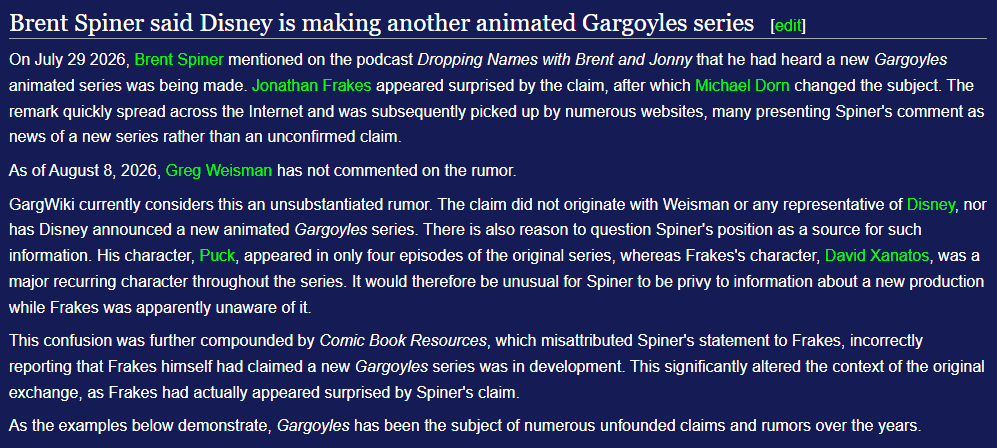 FromEyrie's tweet photo. Yes, There Are New Gargoyles. They’re Comics

If one actually wants new Gargoyles, the new comics written by Greg Weisman are real, and are dropping on August 12th. You can subscribe here:

https://t.co/RcqK1cjRr5

As for the Brent Spiner rumor, we need to be the wet blanket: https://t.co/kIz9bo7F1D