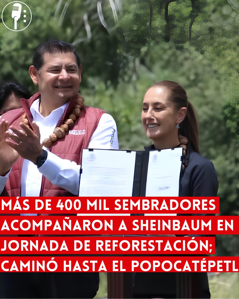 YosoyPedrero's tweet photo. 🚨OJO: MÁS DE 400 MIL SEMBRADORES ACOMPAÑARON A SHEINBAUM EN JORNADA DE REFORESTACIÓN; CAMINÓ HASTA EL POPOCATÉPETL

Más de 400 mil sembradores y sembradoras participaron este domingo en la Jornada Nacional de Reforestación, encabezada por la presidenta Claudia Sheinbaum desde el Parque Nacional Iztaccíhuatl Popocatépetl, en Puebla. La actividad reunió también a integrantes de las Fuerzas Armadas, gobiernos estatales y ciudadanos.

Durante la jornada, Sheinbaum plantó árboles y destacó el papel de las comunidades indígenas en la conservación de los bosques y territorios. También recordó que el programa Sembrando Vida ha permitido reforestar mil 500 millones de árboles, además de generar producción y bienestar para familias del campo.

La Presidenta anunció que esta jornada se realizará cada segundo domingo de agosto en las 32 entidades del país, con el objetivo de convertir la reforestación en una actividad permanente y colectiva. El decreto correspondiente ya fue publicado en el Diario Oficial de la Federación.

El acto también tuvo un significado histórico: Sheinbaum propuso cambiar el nombre del llamado Paso de Cortés por “Paso de los Pueblos Indígenas”, al recordar que estas comunidades ya transitaban y habitaban la región mucho antes de la llegada de los españoles. Así, la jornada combinó la recuperación ambiental con el reconocimiento de los pueblos originarios y su papel en el cuidado del territorio.