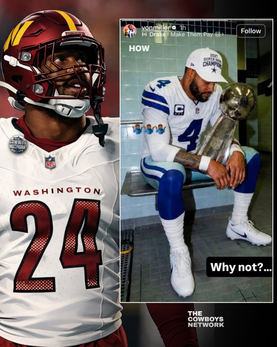 TheCowboysNet's tweet photo. Veteran Edge Rusher Von Miller continues to drop hints of wanting to join the #DallasCowboys. The latest post on his Instagram story of Cowboys QB Dak Prescott with the caption "why not" https://t.co/ELKGPsjHHv