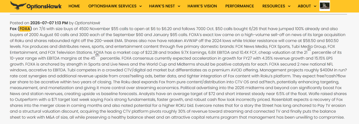 OptionsHawk's tweet photo. $FOXA sweet 25%+ recovery from the ROKU deal sell off fears

Flows knew! https://t.co/eMcFHqenuv