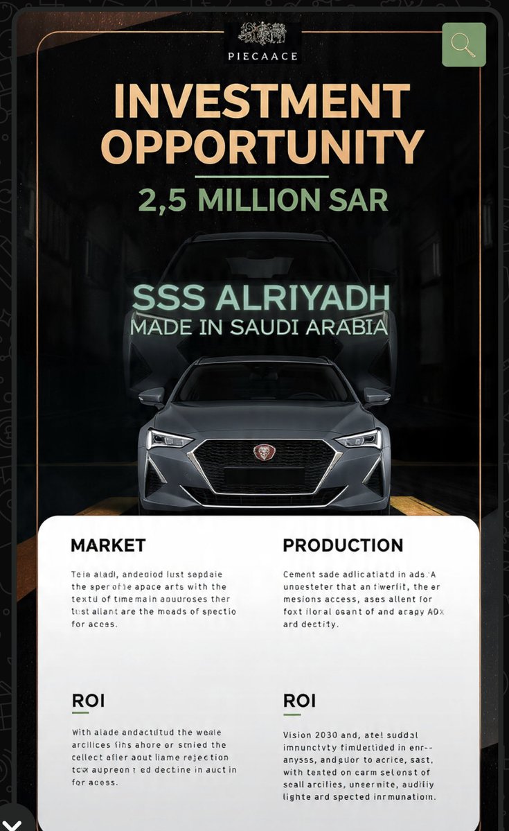 SSSAUTOsa's tweet photo. SSS ALRIYADH 🇸🇦
The First Saudi Electric Sport Sedan

Investment Opportunity: SAR 2.5 Million for 5% Equity
• SAR 18 Million Year 1 Revenue
• 40% Net Profit Margin
• 18 Months to Break-even

We invite strategic partners to build the future of the Saudi automotive industry. https://t.co/sfq7J7w6LH