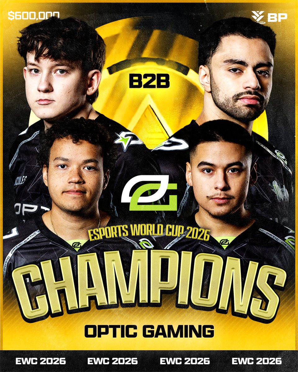 GGBreakingPoint's tweet photo. EWC 2026 Champions: @OpTic 

🏆 @Shotzzy 
🏆 @DashySZN 
🏆 @Huke 
🏆 @Tbemercules  
🧠 @DKarma 

#EWC | #GREENWALL https://t.co/2FZjgYQD6O