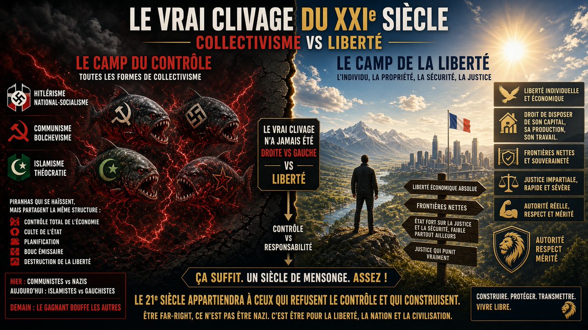 brivael's tweet photo. Je vais prendre le temps de te répondre, parce que ce point est vraiment important à comprendre.

Oui, Hitler a persécuté les communistes dès 1933. Il les détestait. Exactement comme les islamistes de LFI persécuteront les blancs, les juifs et les « mécréants » le jour où ils auront le pouvoir.

Ce n’est pas une contradiction. C’est la logique interne de tout mouvement totalitaire.

À l’intérieur d’une même grappe d’extrême gauche, tu as plusieurs piranhas qui cohabitent tant qu’ils n’ont pas encore gagné :

- le piranha communiste  
- le piranha socialiste  
- le piranha national-socialiste  
- le piranha islamiste

Ils se haïssent entre eux. Ils s’entre-tuent dès que l’un d’eux prend l’ascendant.  
Mais ils partagent la même structure fondamentale : contrôle total de l’économie, culte de l’État, désignation d’un bouc émissaire, planification, et destruction de la liberté individuelle.

Quand l’un gagne, il bouffe les autres.  
C’est exactement ce qui s’est passé en Allemagne en 1933-34.  
C’est ce qui s’est passé en Russie avec les bolcheviks contre les socialistes-révolutionnaires.  
C’est ce qui se passera demain avec le piranha islamiste contre le piranha gauchiste classique.

Ça ne change rien au fait que toute cette famille idéologique est du même côté du spectre : le côté du contrôle, de la collectivisation et de la haine de la liberté économique.

Le vrai clivage n’a jamais été « communiste vs nazi ».  
C’est collectivisme vs liberté.
