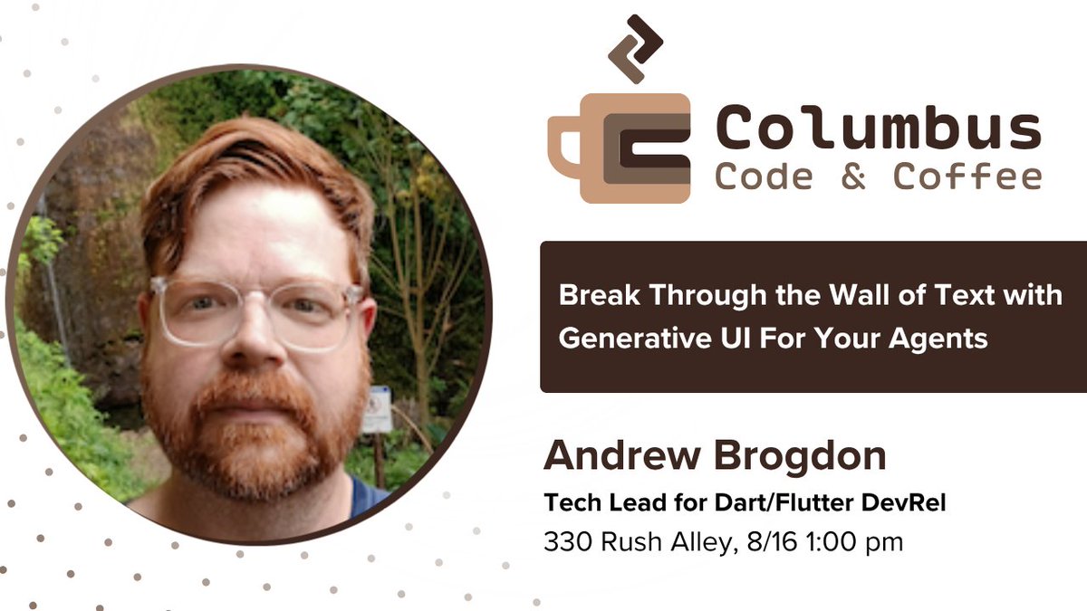 CBUSCodeNCoffee's tweet photo. Columbus Code &amp; Coffee meets again on 8/16 at Improving from 1-4pm! ⌨️☕

We’re excited to have Andrew Brogdon presenting on using the A2UI protocol!

RSVP here 📅: https://t.co/lRCROk3zCe https://t.co/c7VbhwIQMB