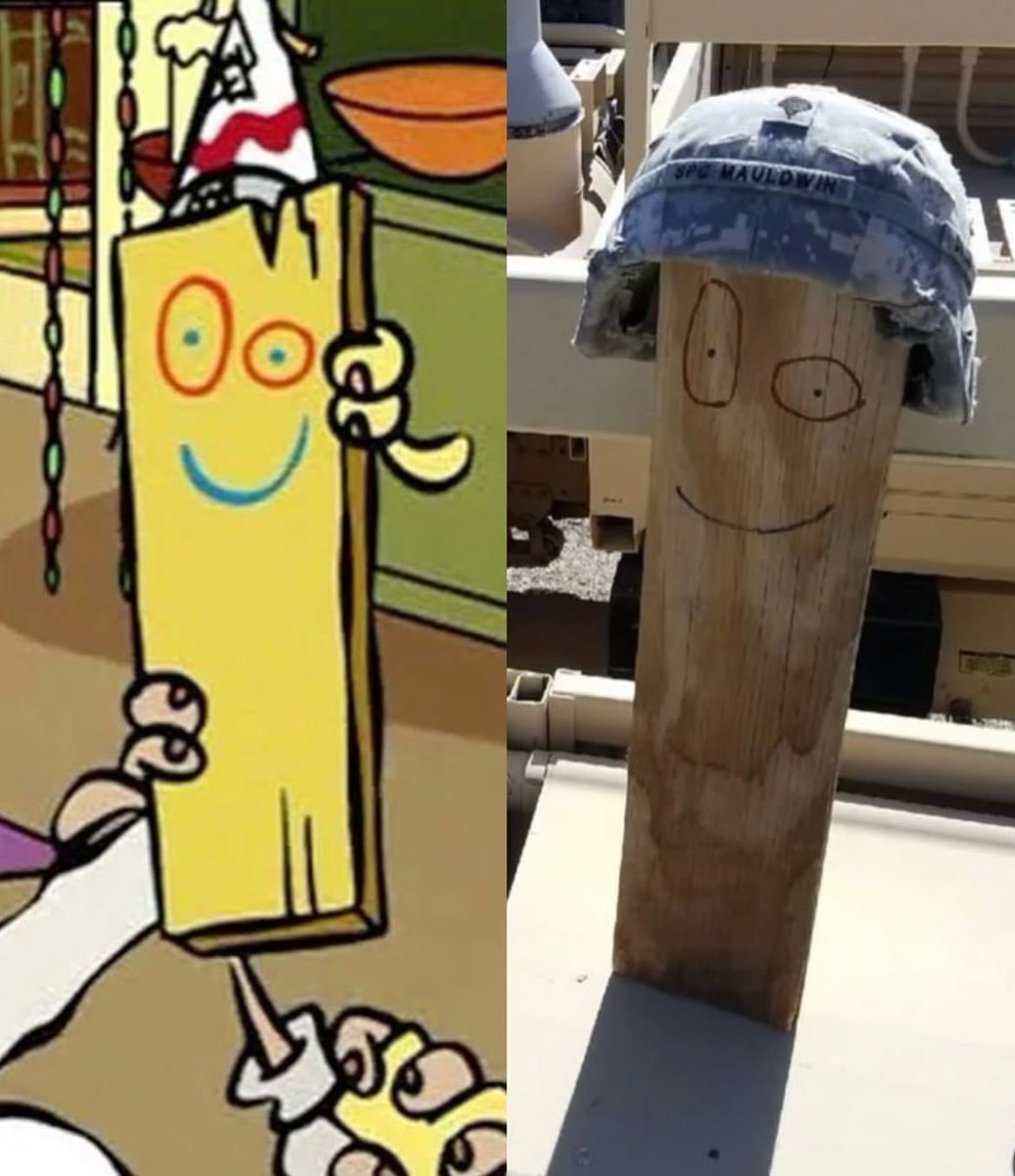 historyinmemes's tweet photo. One of the strangest traditions to emerge from the wars in Iraq and Afghanistan involved something as ordinary as a piece of wood.

Inspired by Plank from Ed, Edd n Eddy, U.S. troops deployed to Iraq and Afghanistan began crafting their own versions from scrap wood found around their bases. They dressed them in miniature military uniforms, complete with rank insignia and helmets, and even included them in official unit photos.

What started as a simple joke eventually spread across deployments. Years later, veterans still share photos of their personal Planks. A cartoon piece of wood had somehow become one of the most recognizable unofficial mascots of the Iraq and Afghanistan wars.