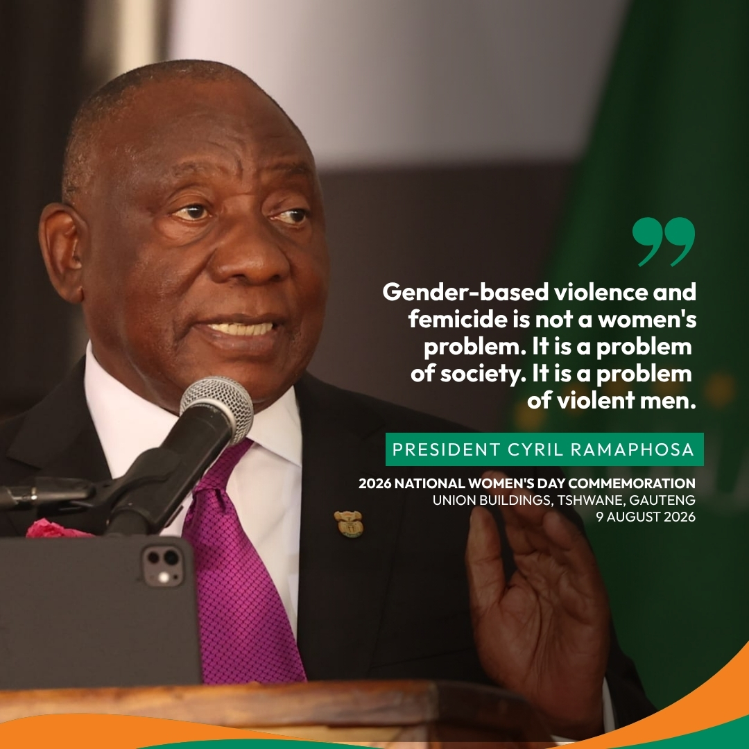 PresidencyZA's tweet photo. 70 Years of Women’s Power

President @CyrilRamaphosa places the responsibility for ending gender-based violence and femicide firmly on society as a whole, stressing that GBVF is not a women’s problem but a problem that demands action from everyone.

The President called on men and boys to step forward, reject behaviours and attitudes that fuel violence against women, and be part of building a society where women and girls can live free from violence and fear.

The remarks were delivered at the 2026 National Women’s Day Commemoration at the Union Buildings in Tshwane.

#WomensDay