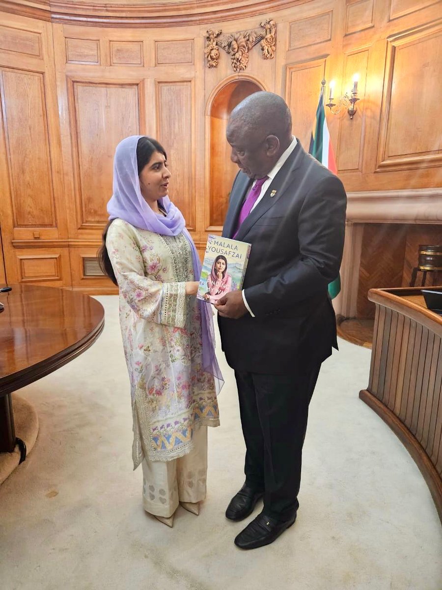 PresidencyZA's tweet photo. President @CyrilRamaphosa receives a copy of Nobel Peace Laureate Ms Malala Yousafzai’s book during their engagement at the 2026 National Women’s Day Commemoration at the Union Buildings in Tshwane.

Malala also shared a message from young people she met through Equal Education in South Africa, who expressed their wish for the President to visit them. The exchange reflected the importance of young people’s voices and the shared commitment to advancing the rights and opportunities of young people and girls.

#WomensDay
