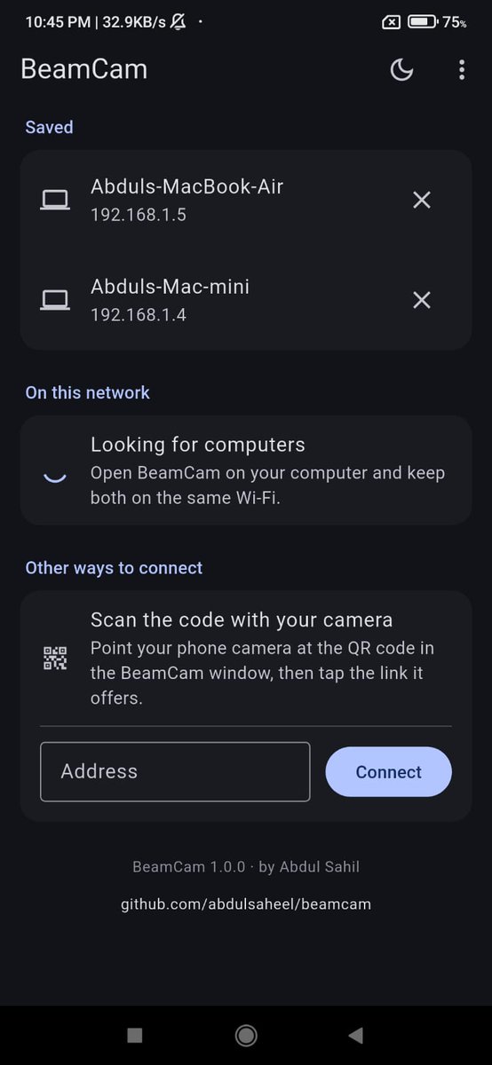 abdulsaheel2's tweet photo. I made my Android phone show up as a webcam on my Mac. It goes phone to Mac over my own Wi-Fi and touches nothing else. No server, no account, no subscription.

Setup is shorter than this tweet. https://t.co/Z4VuLpTiPV