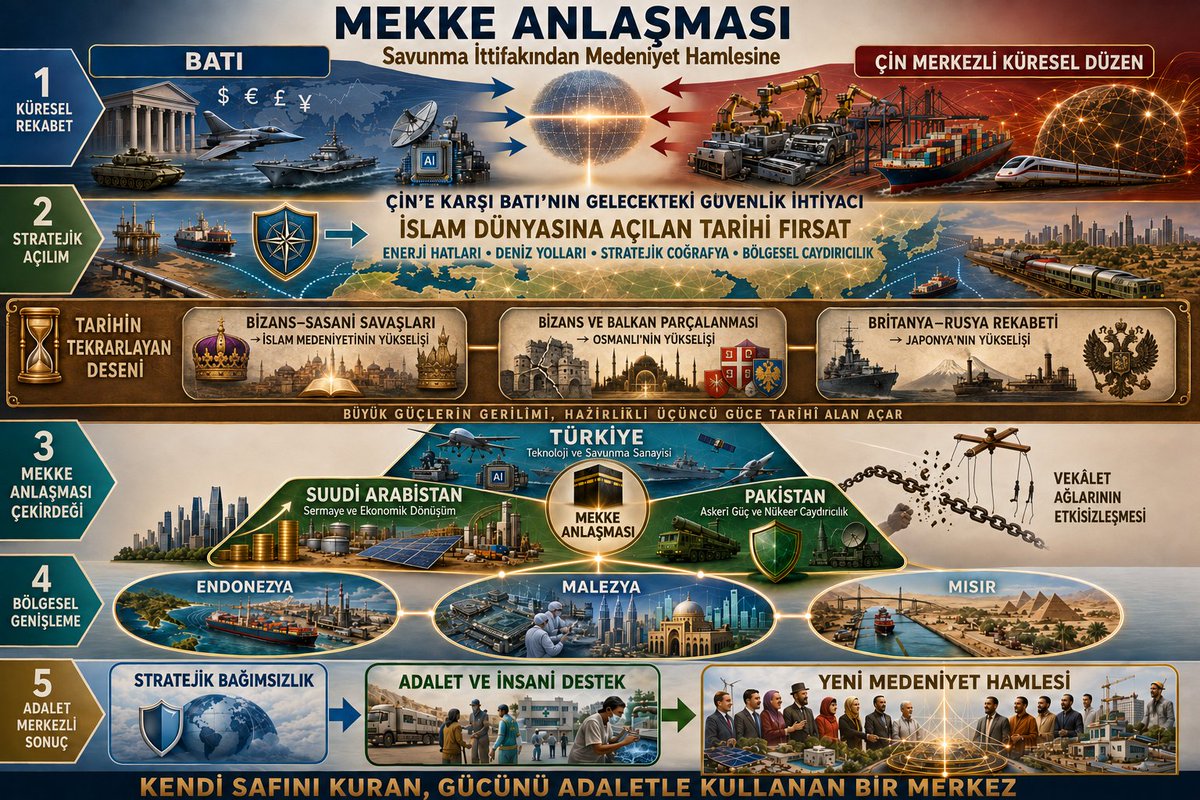 munekkit's tweet photo. Mekke Anlaşması, Batı ile Çin merkezli küresel sermaye düzeni arasındaki güç mücadelesinin İslam dünyasına açtığı tarihî bir fırsattır. 
Türkiye’nin teknolojik kapasitesi, Suudi Arabistan’ın ekonomik gücü ve Pakistan’ın askerî-nükleer caydırıcılığı; doğru stratejiyle bağımsız, adil ve kuşatıcı bir medeniyet hamlesinin çekirdeğine dönüşebilir.