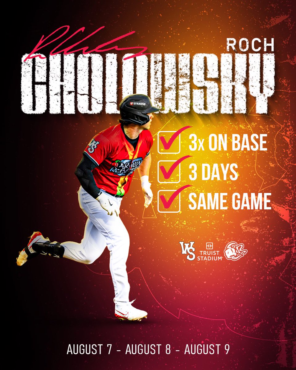 WSDashBaseball's tweet photo. On Friday, August 7, Roch Cholowsky recorded a hit before rain suspended play. The game resumed Saturday, August, 8 and Roch added another hit before the game was suspended by rain once again.

On Sunday, August 9, play resumed for a third day, and Roch reached base on a walk. 

This means: One game. Three different days. Roch Cholowsky reached base each day!