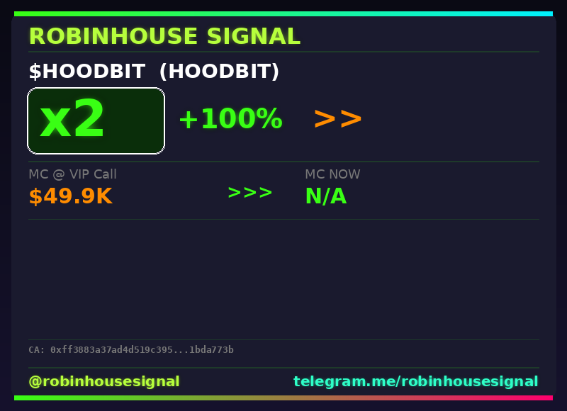 robhousesignal's tweet photo. $HOODBIT (HOODBIT) 2x β
π MC: $2.6K | Liq: $2.6K
π΅ Vol 24h: $49.9K
π Buys/Sells: 3,100 / 959
π CA:
0xff3883a37ad4d519c3958f7f8164c30f1bda773b
π€ Full scan + chart β link in bio
#HOODBIT #robinhousesignal #robinhoodchain #memecoin #moonshot https://t.co/E3fcg9Gb3H