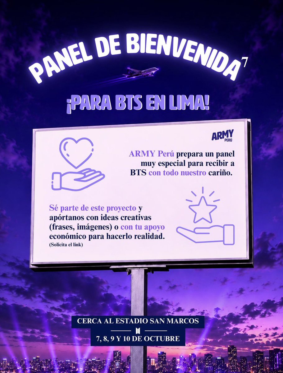 btsarmy_peru's tweet photo. ✨Recordatorio de que ARMY Perú estará realizando diversas actividades que se llevarán a cabo inspirándonos en los miembros de BTS, este será un camino que nos llevará al momento final de revelación de un panel de bienvenida para BTS cerca del Estadio San Marcos los días del concierto.

Este proyecto busca representar la energía y creatividad de nuestra comunidad.

El contenido aún está en proceso — y queremos que tú seas parte. 💜

Comparte tus ideas y ayúdanos a construir el mensaje que recibirá a BTS en Lima.

¡Pronto compartiremos mayores detalles! 🤩

#BTSenLima #ARMYPerú #BienvenidaBTS

🔗 DEJA TU IDEA o apoya esta iniciativa aquí: https://t.co/oR5UAWVKH1