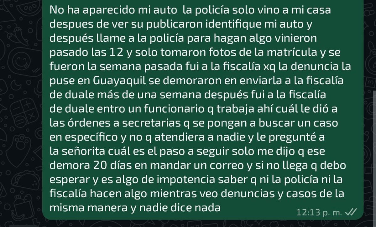 ComunidLaAurora's tweet photo. 🚨 #Atención | #DenunciaCiudadana | #VillaClub

Luego de que el pasado 28 de julio denunciáramos el robo de un vehículo en el sector, un habitante de Villa Club reconoció que el automóvil que estaban utilizando para delinquir en la zona, era el suyo.

El vehículo había sido robado un día antes y su propietario había presentado oportunamente la denuncia formal ante las autoridades.

Lo preocupante no es únicamente la inseguridad que enfrentamos, sino también el trato y la falta de respuesta que, según los afectados, reciben estos casos por parte de las autoridades.

❓ La comunidad pregunta: ¿estamos totalmente abandonados?

¿Qué debemos esperar de las autoridades de turno?
¿A quién debemos acudir cuando ocurre un delito en nuestro sector?
¿Quién responde cuando los ciudadanos denuncian y sienten que nadie los escucha?

La seguridad no puede limitarse a reaccionar cuando ocurre una tragedia. Los habitantes de Villa Club exigimos atención, respuestas y acciones concretas.

📢 La comunidad merece ser escuchada y protegida.

#LaAurora #LaVozDeLaAurora