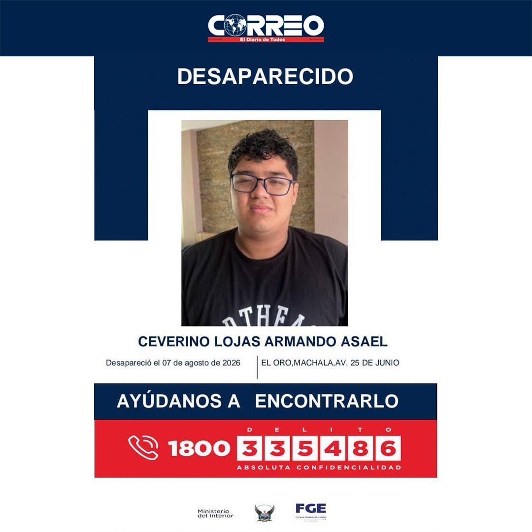 diariocorreoec's tweet photo. #PersonaDesaparecida
Ceverino Lojas Armando Asael, de 18 años de edad, se encuentra desaparecido desde el día 07 de agosto de 2026. 
Su familia pide apoyo a la ciudadanía para compartir esta información y comunicarse de inmediato al ECU 911 si tienen cualquier dato de su paradero https://t.co/4NB4eaiYTJ
