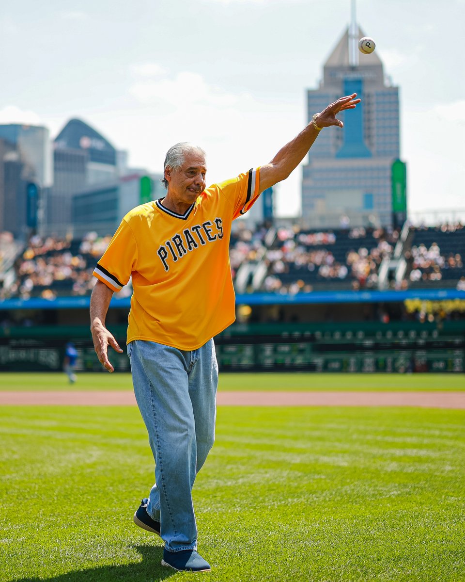 Pirates's tweet photo. Candy throws out the ceremonial first pitch on the 50th anniversary of his no-hitter! https://t.co/to4bK0Rayu