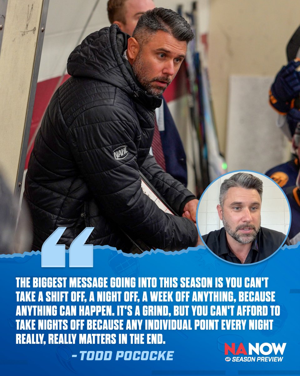 NAHLHockey's tweet photo. ❝𝐓𝐡𝐞 𝐛𝐢𝐠𝐠𝐞𝐬𝐭 𝐦𝐞𝐬𝐬𝐚𝐠𝐞 𝐠𝐨𝐢𝐧𝐠 𝐢𝐧𝐭𝐨 𝐭𝐡𝐢𝐬 𝐬𝐞𝐚𝐬𝐨𝐧 𝐢𝐬 𝐲𝐨𝐮 𝐜𝐚𝐧'𝐭 𝐭𝐚𝐤𝐞 𝐚 𝐬𝐡𝐢𝐟𝐭 𝐨𝐟𝐟, 𝐚 𝐧𝐢𝐠𝐡𝐭 𝐨𝐟𝐟, 𝐚 𝐰𝐞𝐞𝐤 𝐨𝐟𝐟, 𝐚𝐧𝐲𝐭𝐡𝐢𝐧𝐠, 𝐛𝐞𝐜𝐚𝐮𝐬𝐞 𝐚𝐧𝐲𝐭𝐡𝐢𝐧𝐠 𝐜𝐚𝐧 𝐡𝐚𝐩𝐩𝐞𝐧.❞

Todd Pococke knows what it is like as a player in the NAHL to make a postseason run. Now with a desire to give his players that same experience, Pococke is ready to lead his team for the 2026-27 season.

Read more 🗒️: https://t.co/pgFmH0Ebpo
Watch the full interview 📺: https://t.co/6sCxTR0IaY