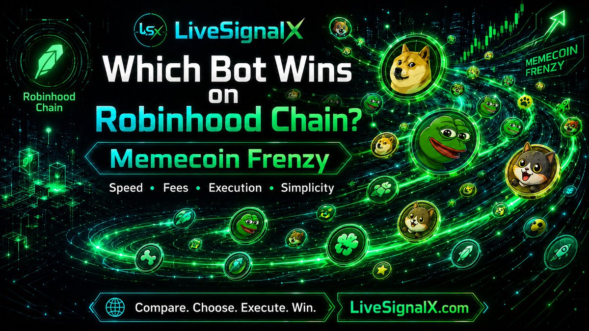 LiveSignalXcom's tweet photo. Robinhood Chain is heating up. 🔥
In a memecoin frenzy, speed, fees and ease of use can make all the difference.
Which bot gives you the edge?
Compare them on LiveSignalX:
 https://t.co/ewMFVXvC15

#RobinhoodChain #Memecoins #TradingBots https://t.co/ELISl1VeFV