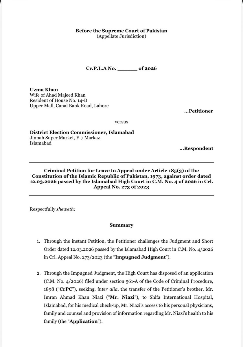 DrUzma_KhanPK's tweet photo. The High Court's order has been challenged in the Supreme Court by Ms. Uzma Khan through Advocate Uzair Bhandari, seeking Imran Khan's transfer to Shifa International Hospital, Islamabad, for his complete medical check-up, access to his personal physicians, family and counsel and provision of information regarding his health to his family. Her application seeking permission to file the petition bears CMA Number 1696 of 2026. It was heard by a 3 member bench on 18 June 2026. it was ordered that Ms. Uzma Khan's petition be heard along with the petition filed by Mr. Imran Khan himself against the same order of the Islamabad High Court. Mr. Imran Khan's petition has now been allotted Crl.PLA Number 1370/2026, after the order dated 31 July 2026 whereby Yahya Afridi, CJ, overruled the objections raised by the office of the Supreme Court. Both cases have been ordered to be fixed together, *since they challenge the same order of the High Court.

We therefore demand that the cases be fixed before an appropriate bench on a most urgent basis and request the court to direct that Imran Khan be immediately shifted to Shifa International Hospital for a comprehensive examination, diagnosis, and appropriate treatment of his eye condition in consultation with his private physicians and with access to his family.
 
Since the executive has failed in this regard, it is now the responsibility of the judiciary to ensure the health, safety, and well-being of Imran Khan while he remains in custody. Any delay in providing him with proper medical care could have serious consequences, and the matter must therefore be treated with the utmost urgency.