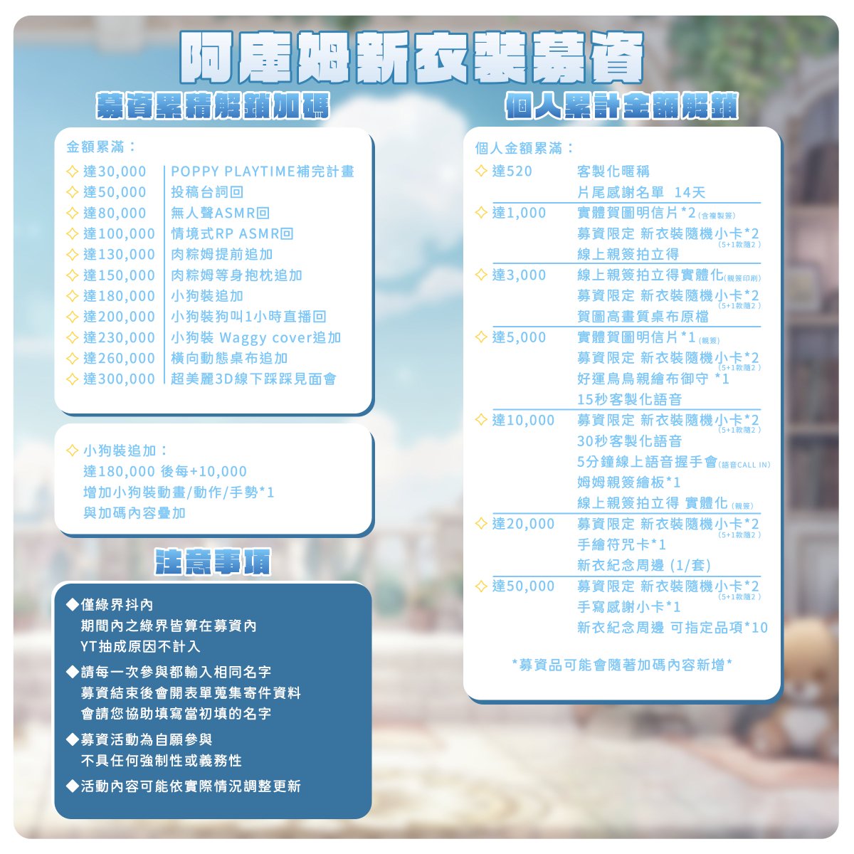 AKuMu0729's tweet photo. 💠 新衣募資 💠

2026/07/29-2026/11/30
新的募資開跑了！
詳情請看下圖，立了很多旗🚩
有興趣ㄉ朋友歡迎一起投資姆股票
漲不漲不知道，但長期看好喔😎

姆寶包的募資品也在重新製作/委託中
會隨時回報給大家🤲🩵

參與募資：https://t.co/749l6Vzduc https://t.co/X4zYCVlPf6